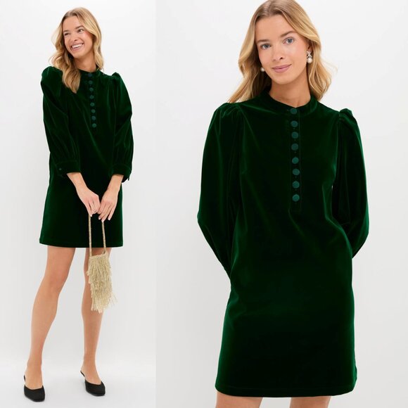 Pomander Place NEW Hunter Green Velvet Samantha Formal Puff Sleeve Mini Dress L - Picture 2 of 10